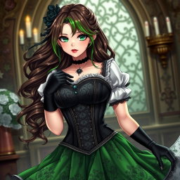 A gothic Victorian maiden anime girl with a striking and voluptuous figure, dressed in a tightly laced black corset that perfectly accentuates her curves, layered over a refined white bodice or chemisette