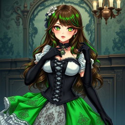 A gothic Victorian maiden anime girl with a striking and voluptuous figure, dressed in a tightly laced black corset that perfectly accentuates her curves, layered over a refined white bodice or chemisette
