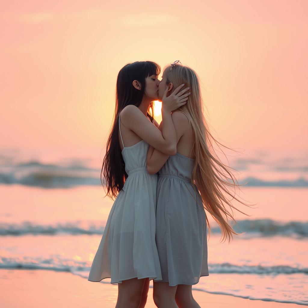 A romantic scene featuring two girls passionately kissing under a soft sunset glow