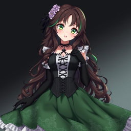 A gothic Victorian maiden anime girl wearing a tightly laced black corset over a white bodice, complemented by a flowing green skirt adorned with intricate embroideries and trims