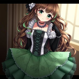 A gothic Victorian maiden anime girl wearing a tightly laced black corset over a white bodice, complemented by a flowing green skirt adorned with intricate embroideries and trims