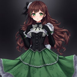 A gothic Victorian maiden anime girl wearing a tightly laced black corset over a white bodice, complemented by a flowing green skirt adorned with intricate embroideries and trims