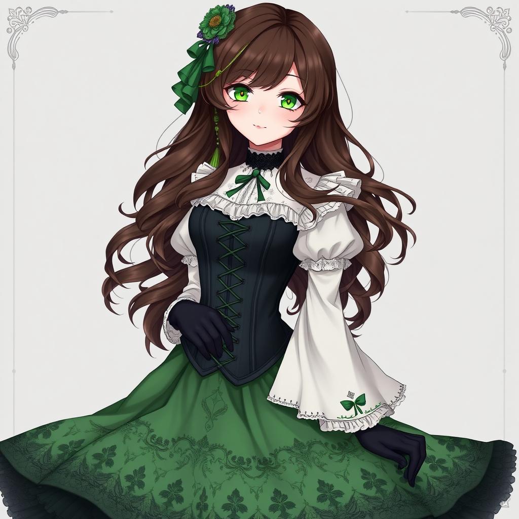 A gothic Victorian maiden anime girl wearing a tightly laced black corset over a white bodice, complemented by a flowing green skirt adorned with intricate embroideries and trims