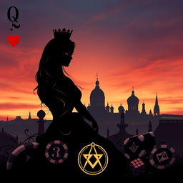 A stunning book cover design that features the silhouette of the Queen of Hearts playing card as the central figure, beautifully illustrated with graceful lines