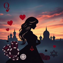 A stunning book cover design that features the silhouette of the Queen of Hearts playing card as the central figure, beautifully illustrated with graceful lines