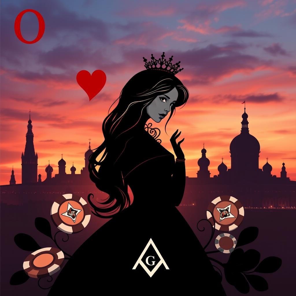 A stunning book cover design that features the silhouette of the Queen of Hearts playing card as the central figure, beautifully illustrated with graceful lines