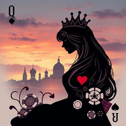 A stunning book cover design that features the silhouette of the Queen of Hearts playing card as the central figure, beautifully illustrated with graceful lines