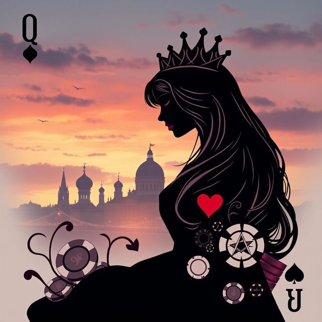 A stunning book cover design that features the silhouette of the Queen of Hearts playing card as the central figure, beautifully illustrated with graceful lines