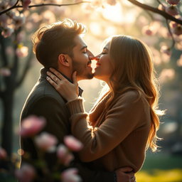 A romantic scene depicting two people engaged in a passionate kiss, with soft lighting ambience creating a cozy atmosphere