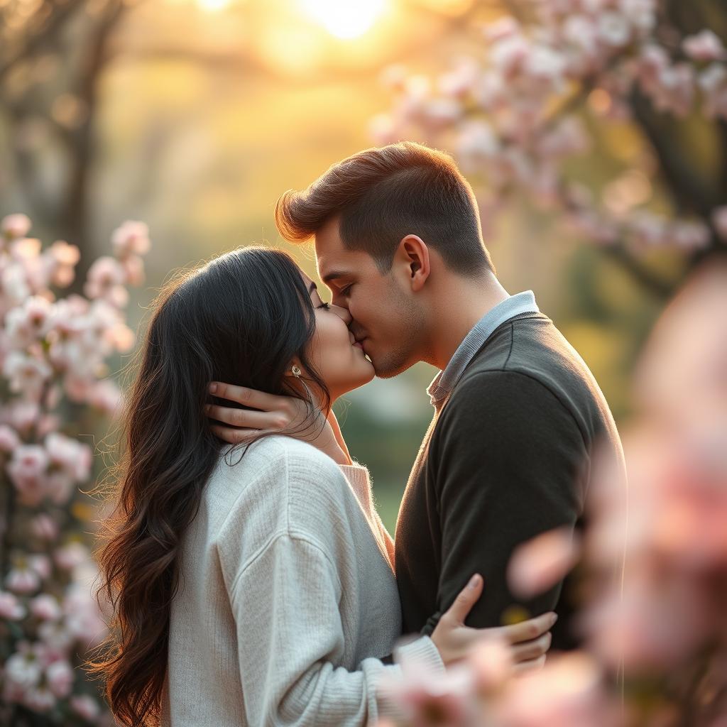 A romantic scene depicting two people engaged in a passionate kiss, with soft lighting ambience creating a cozy atmosphere