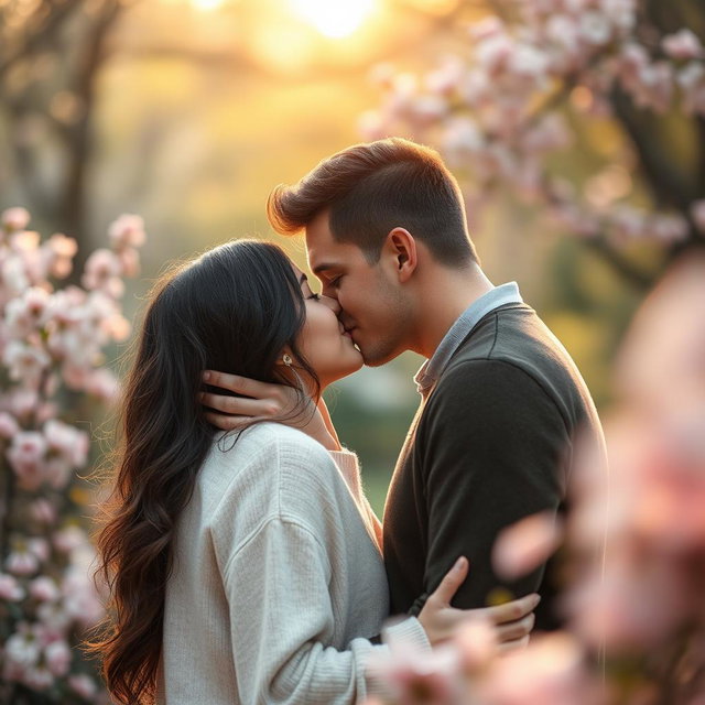 A romantic scene depicting two people engaged in a passionate kiss, with soft lighting ambience creating a cozy atmosphere