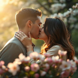 A romantic scene depicting two people engaged in a passionate kiss, with soft lighting ambience creating a cozy atmosphere