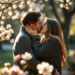 A romantic scene depicting two people engaged in a passionate kiss, with soft lighting ambience creating a cozy atmosphere