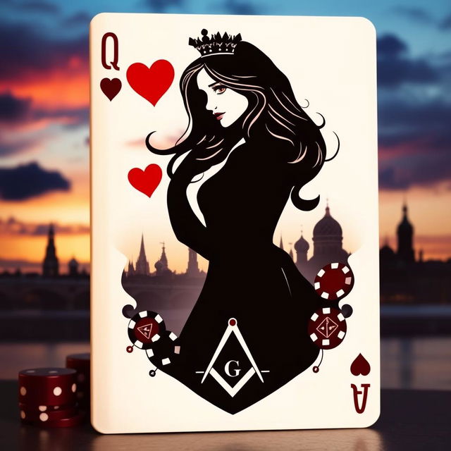An exquisite book cover design featuring the silhouette of the Queen of Hearts playing card as the central figure, elegantly portrayed with graceful lines suggesting her beauty, highlighted by her long dark blonde hair and captivating brown eyes within the silhouette