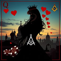 An exquisite book cover design featuring the silhouette of the Queen of Hearts playing card as the central figure, elegantly portrayed with graceful lines suggesting her beauty, highlighted by her long dark blonde hair and captivating brown eyes within the silhouette