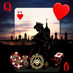 An exquisite book cover design featuring the silhouette of the Queen of Hearts playing card as the central figure, elegantly portrayed with graceful lines suggesting her beauty, highlighted by her long dark blonde hair and captivating brown eyes within the silhouette