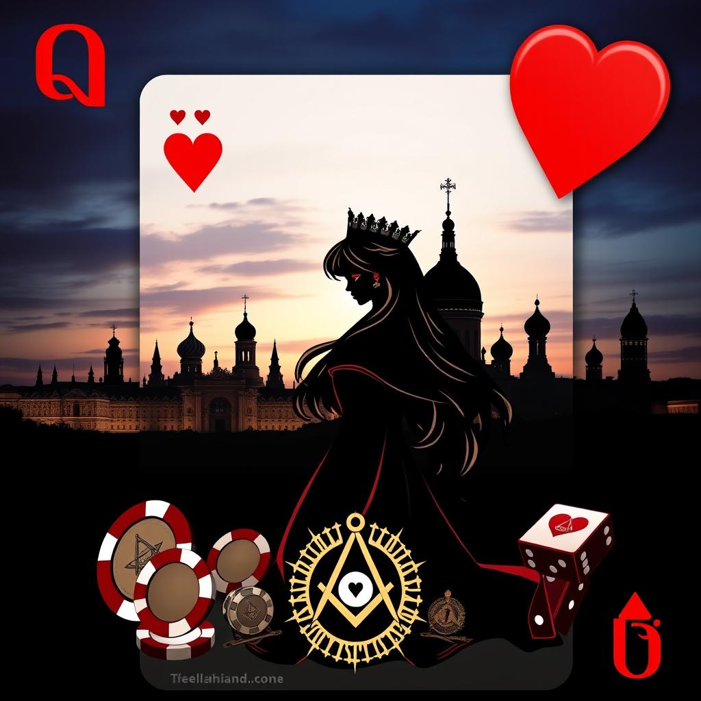 An exquisite book cover design featuring the silhouette of the Queen of Hearts playing card as the central figure, elegantly portrayed with graceful lines suggesting her beauty, highlighted by her long dark blonde hair and captivating brown eyes within the silhouette