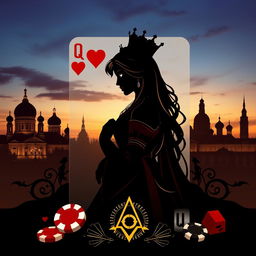 An exquisite book cover design featuring the silhouette of the Queen of Hearts playing card as the central figure, elegantly portrayed with graceful lines suggesting her beauty, highlighted by her long dark blonde hair and captivating brown eyes within the silhouette