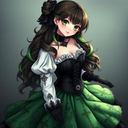 A gothic Victorian maiden anime girl with a voluptuous figure, dressed in a tightly laced black corset over a pristine white bodice or chemisette