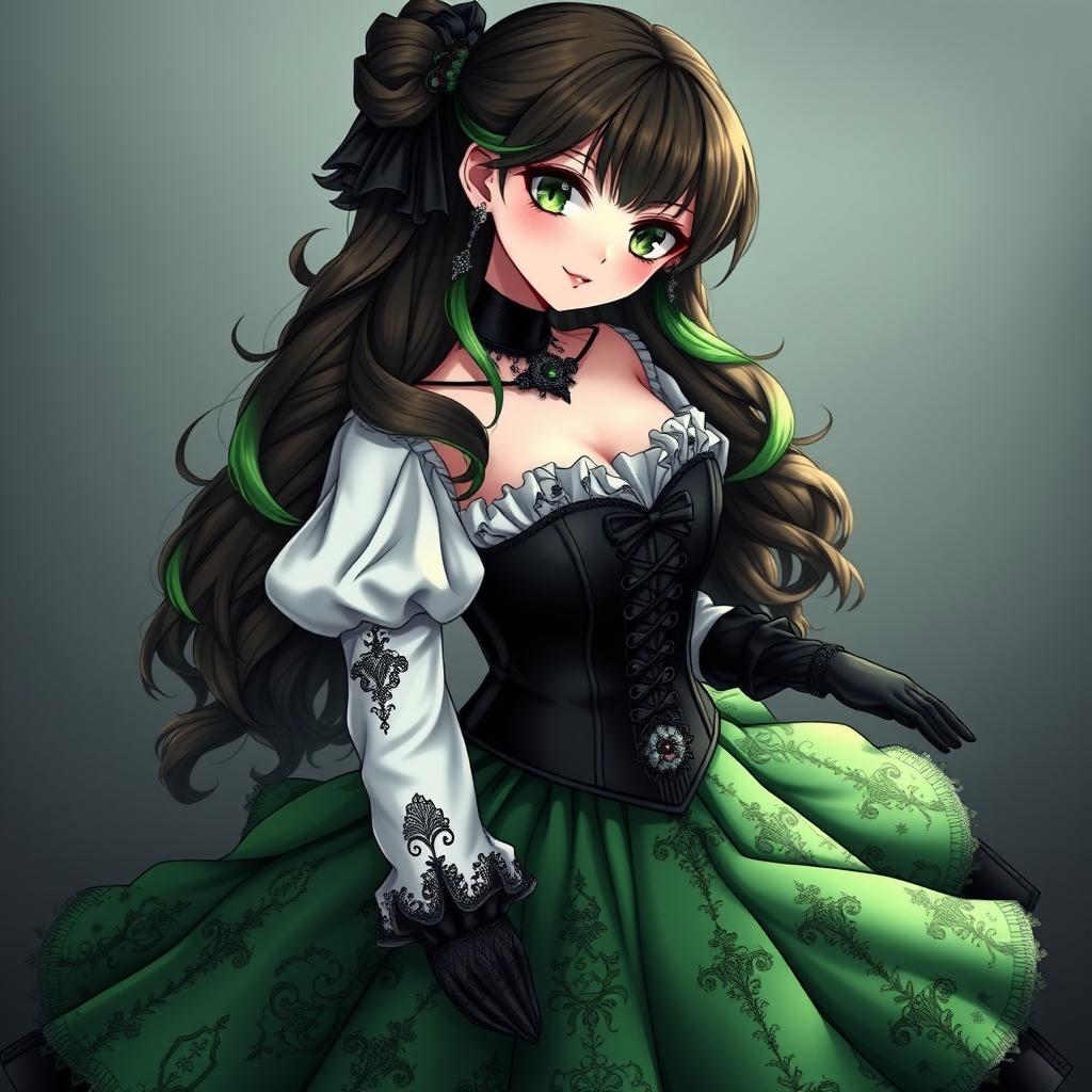 A gothic Victorian maiden anime girl with a voluptuous figure, dressed in a tightly laced black corset over a pristine white bodice or chemisette
