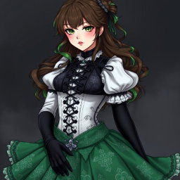 A gothic Victorian maiden anime girl with a voluptuous figure, dressed in a tightly laced black corset over a pristine white bodice or chemisette