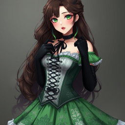 A gothic Victorian maiden anime girl with a voluptuous figure, dressed in a tightly laced black corset over a pristine white bodice or chemisette