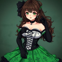 A gothic Victorian maiden anime girl with a voluptuous figure, dressed in a tightly laced black corset over a pristine white bodice or chemisette