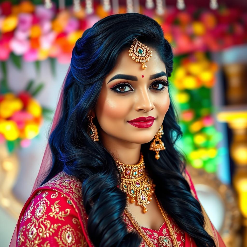 A stunning Indian bride dressed in a richly embellished traditional wedding lehenga, adorned with intricate gold embroidery and vibrant colors