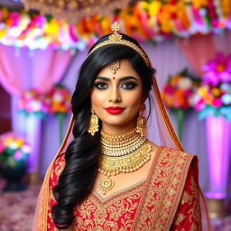 A stunning Indian bride dressed in a richly embellished traditional wedding lehenga, adorned with intricate gold embroidery and vibrant colors
