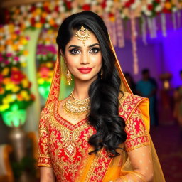 A stunning Indian bride dressed in a richly embellished traditional wedding lehenga, adorned with intricate gold embroidery and vibrant colors