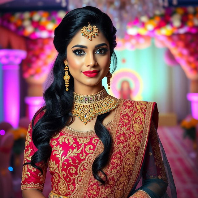 A stunning Indian bride dressed in a richly embellished traditional wedding lehenga, adorned with intricate gold embroidery and vibrant colors