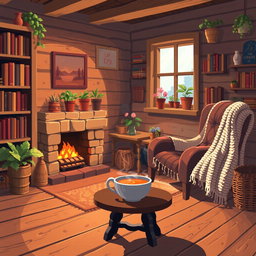 A cozy, warm cottage interior in pixel art style