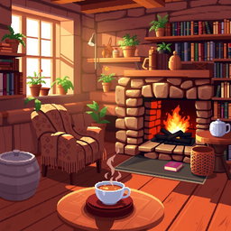 A cozy, warm cottage interior in pixel art style