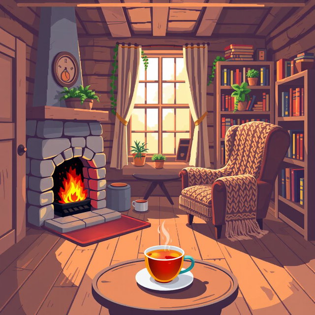 A cozy, warm cottage interior in pixel art style
