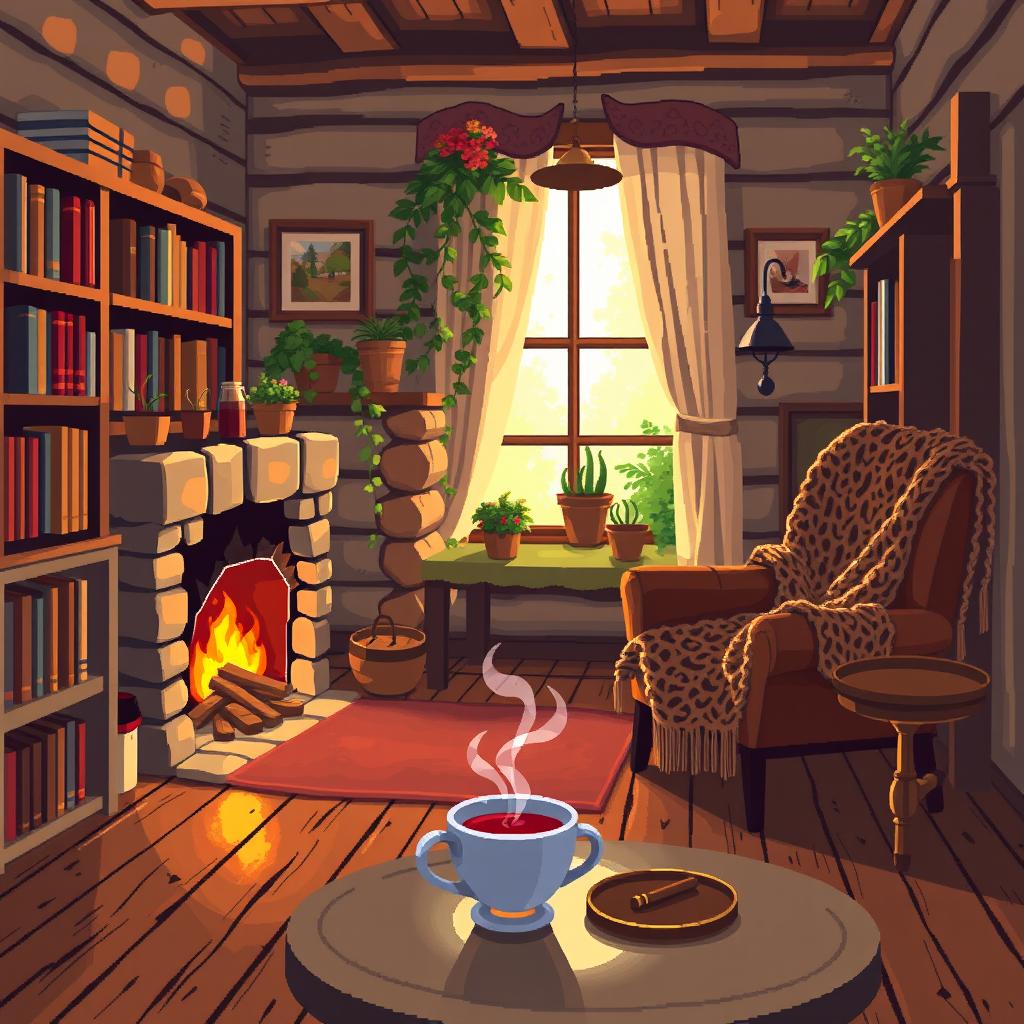 A cozy, warm cottage interior in pixel art style