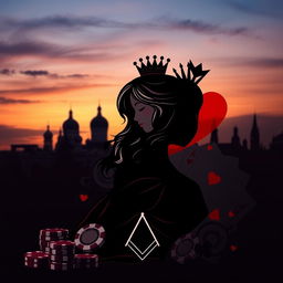 A captivating book cover design prominently featuring the silhouette of the Queen of Hearts playing card, depicted as a beautiful figure with dark blonde hair and brown eyes, suggested through elegant lines