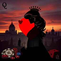 A captivating book cover design prominently featuring the silhouette of the Queen of Hearts playing card, depicted as a beautiful figure with dark blonde hair and brown eyes, suggested through elegant lines