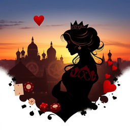A captivating book cover design prominently featuring the silhouette of the Queen of Hearts playing card, depicted as a beautiful figure with dark blonde hair and brown eyes, suggested through elegant lines