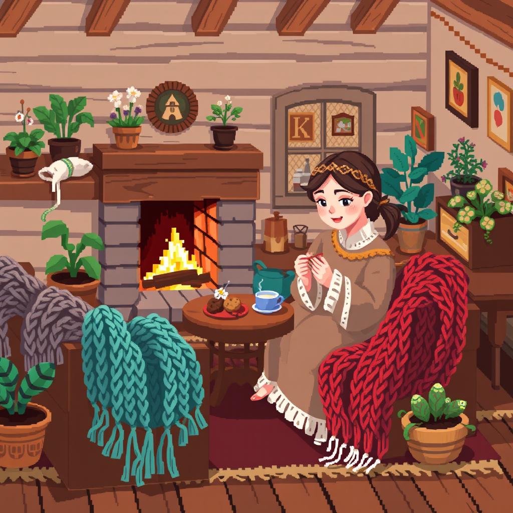 A cozy pixel art scene set in a warm cottage interior
