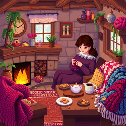 A cozy pixel art scene set in a warm cottage interior