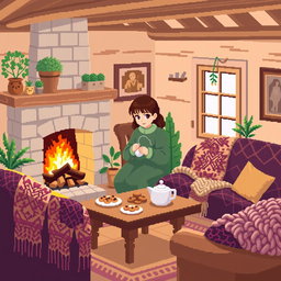A cozy pixel art scene set in a warm cottage interior