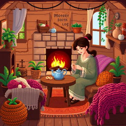 A cozy pixel art scene set in a warm cottage interior