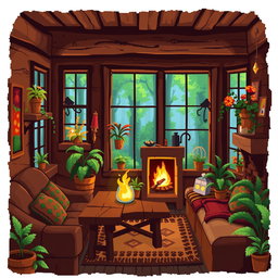 A cozy warm cottage interior with pixel art style, featuring a comfortable living space filled with homey details