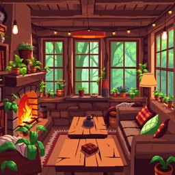 A cozy warm cottage interior with pixel art style, featuring a comfortable living space filled with homey details