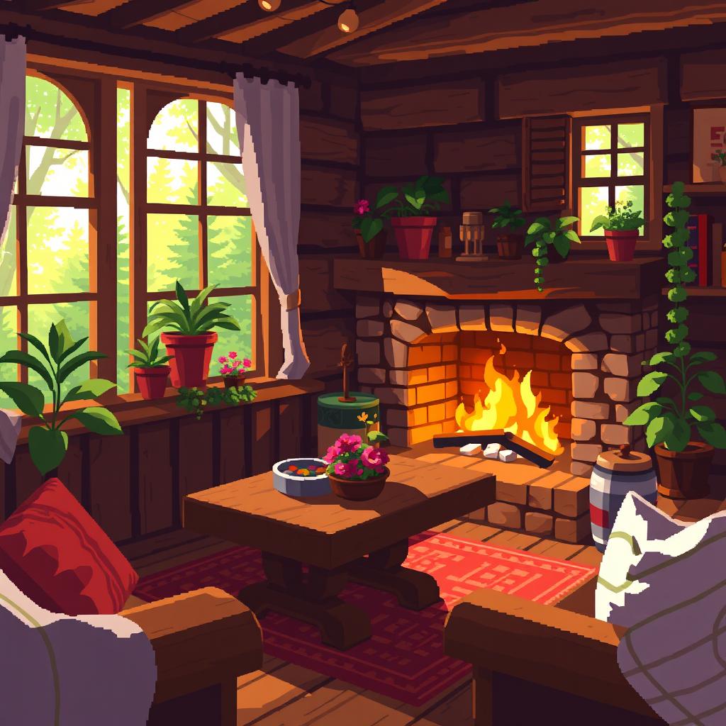 A cozy warm cottage interior with pixel art style, featuring a comfortable living space filled with homey details
