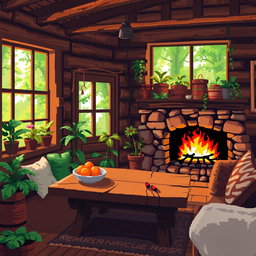 A cozy warm cottage interior with pixel art style, featuring a comfortable living space filled with homey details