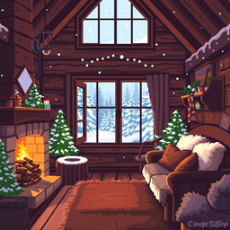 A cozy, warm indoor scene of a cottage, decorated in pixel art style