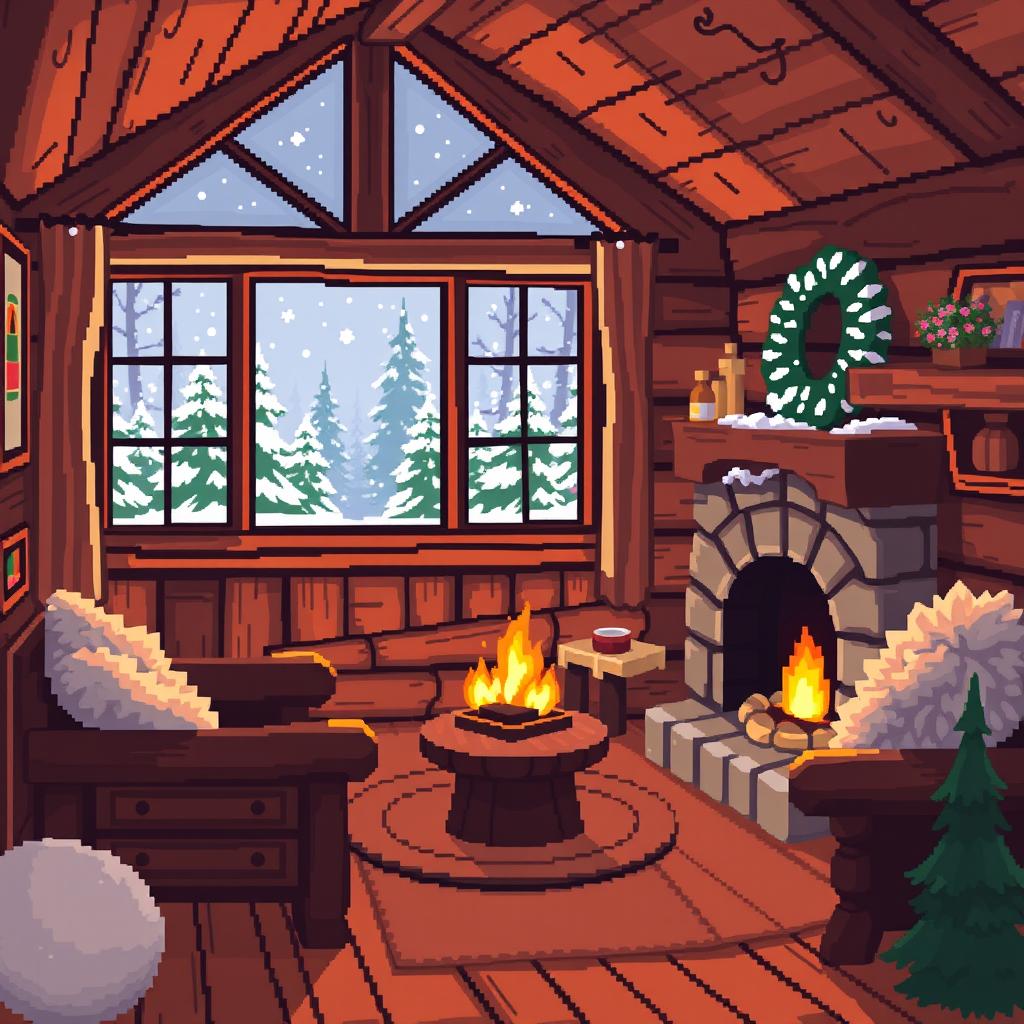 A cozy, warm indoor scene of a cottage, decorated in pixel art style