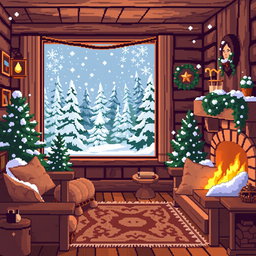 A cozy, warm indoor scene of a cottage, decorated in pixel art style