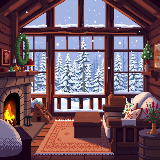 A cozy, warm indoor scene of a cottage, decorated in pixel art style